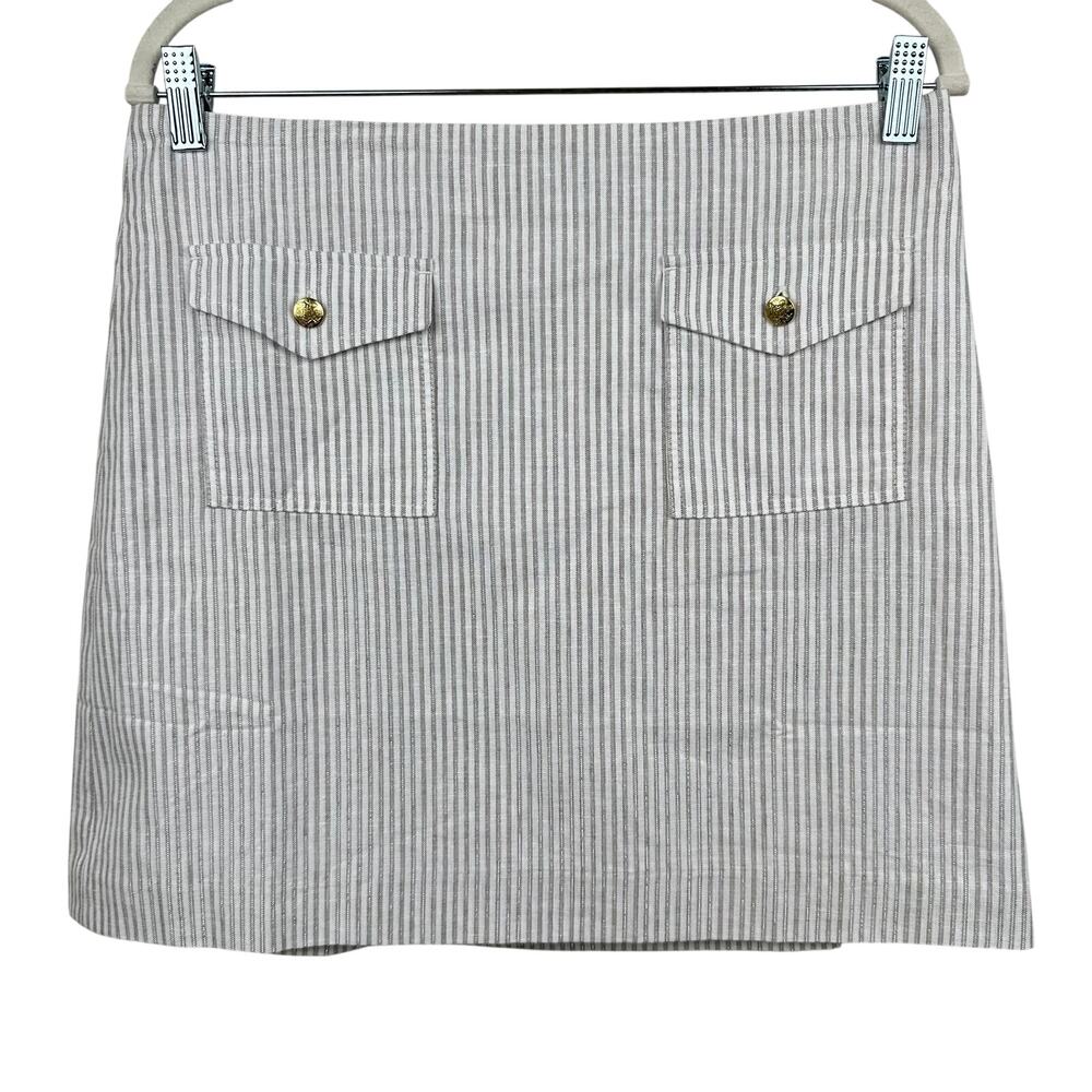 NEW J. Crew Striped Linen Blend Patch Pocket Skirt Gold Buttons Ivory Tan 8